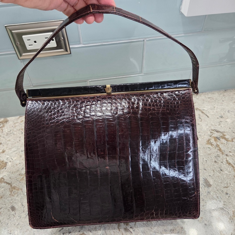 Vintage Sterling Genuine Crocodile Embossed Leather Top Handle‎ Handbag Brown